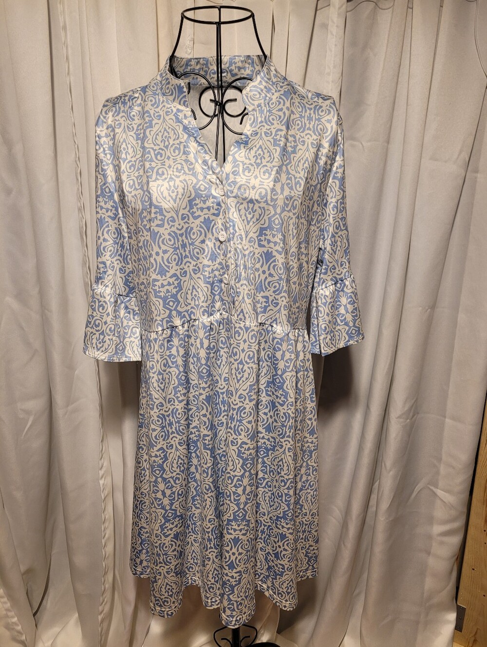 Amazon Light Blue and White Printed Midi Dress
